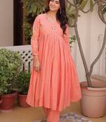 peach cotton pant suit with embroidered floral designs