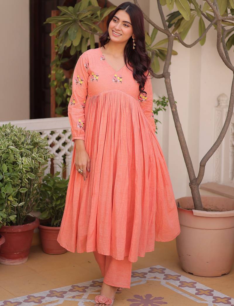 Peach Floral Embroidery Cotton Festive Wear Pant Suit