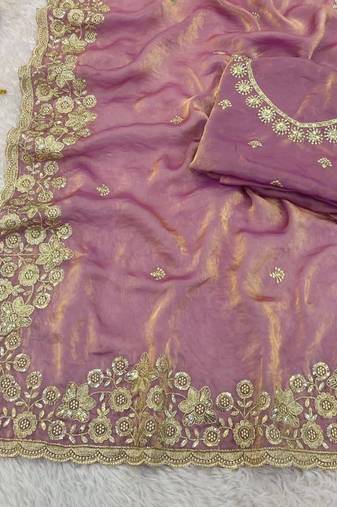 lavender color sequence embroidery work fandy satin saree
