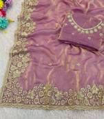 lavender color sequence embroidery work fandy satin saree