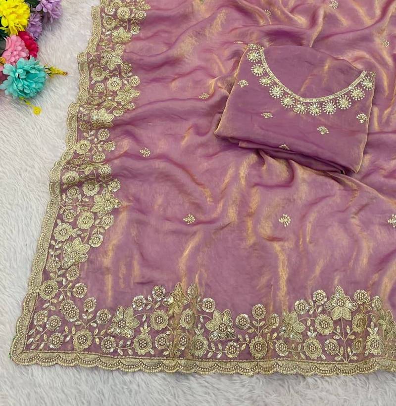 lavender color sequence embroidery work fandy satin saree