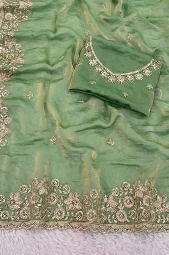 light green color sequence embroidery work fandy satin saree