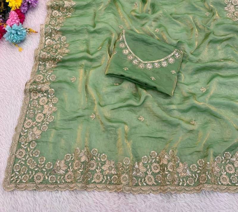 light green color sequence embroidery work fandy satin saree