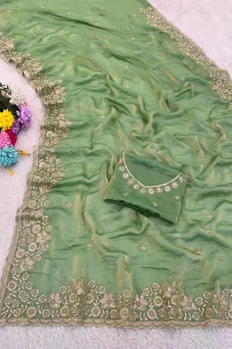 light green color sequence embroidery work fandy satin saree