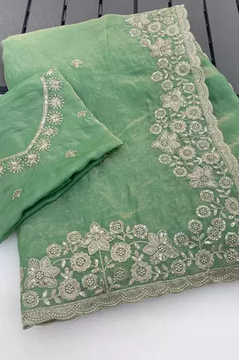 light green color sequence embroidery work fandy satin saree