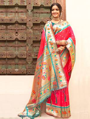 majestic pink paithani silk blend saree with royal floral zari pallu  1