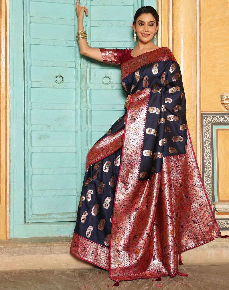 Sutriti banarasi style paisley butti saree for women | rich woven border & grand pallu | festive wedding party saree