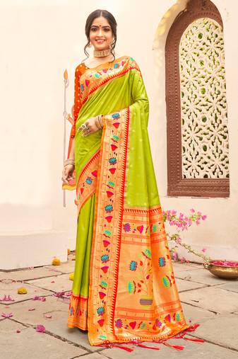 Sutriti majestic light green paithani silk saree with royal floral zari pallu | festive & bridal edition