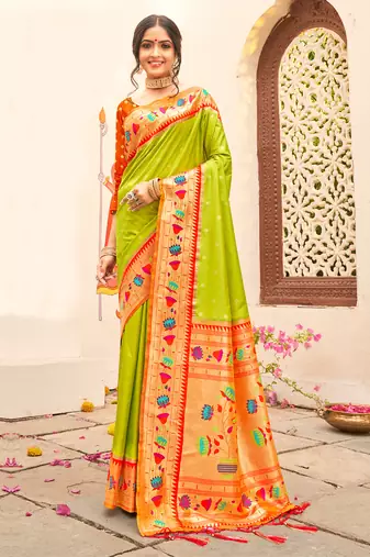 Sutriti majestic light green paithani silk saree with royal floral zari pallu | festive & bridal edition
