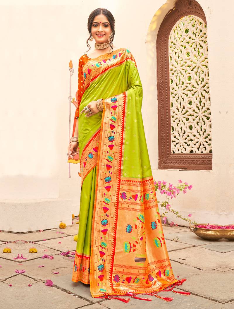 Sutriti majestic light green paithani silk saree with royal floral zari pallu | festive & bridal edition