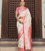 white banarasi silk blend saree with woven paisley butti