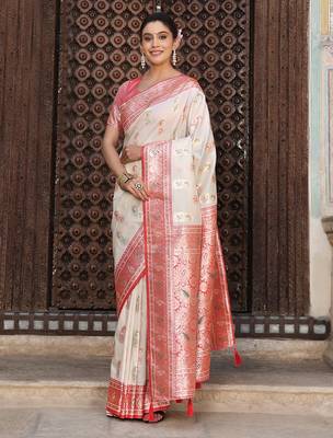 white banarasi silk blend saree with woven paisley butti 2