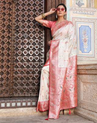 white banarasi silk blend saree with woven paisley butti 3
