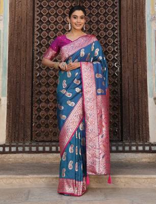 sky blue banarasi silk blend saree with woven paisley butti 1