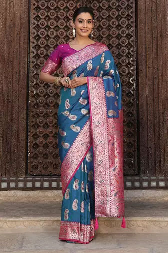 Sutriti banarasi style paisley butti saree for women | rich woven border & grand pallu | festive wedding party saree