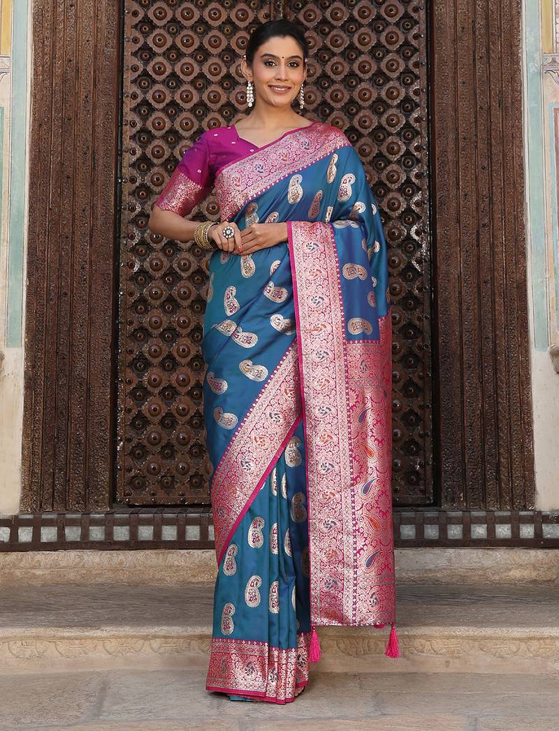 Sutriti banarasi style paisley butti saree for women | rich woven border & grand pallu | festive wedding party saree