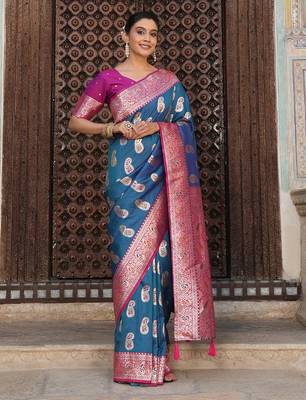 sky blue banarasi silk blend saree with woven paisley butti 2
