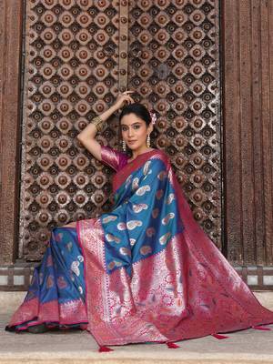 sky blue banarasi silk blend saree with woven paisley butti 3