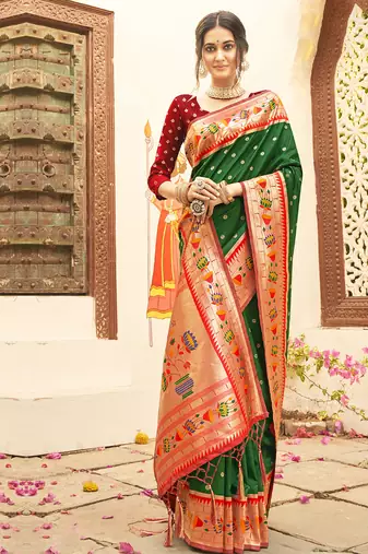 Sutriti majestic dark green paithani silk saree with royal floral zari pallu | festive & bridal edition