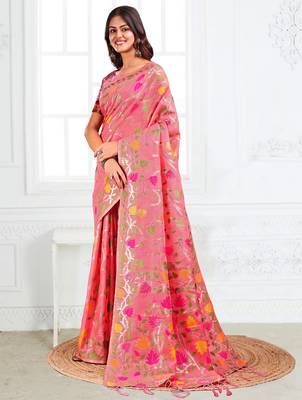 peach linen saree with woven multicolor leaf patterns 2