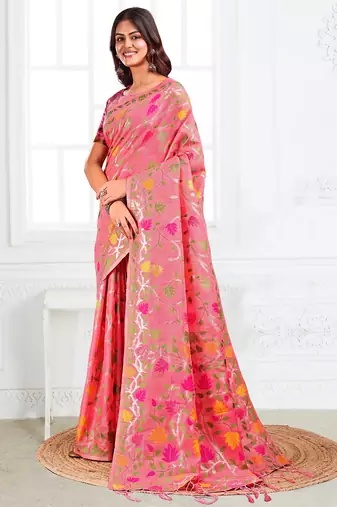 peach linen saree with woven multicolor leaf patterns