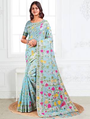 sky blue linen saree with woven multicolor leaf print 1