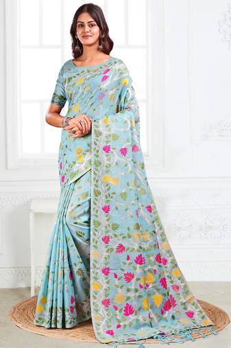 sky blue linen saree with woven multicolor leaf print
