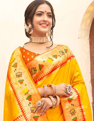majestic yellow paithani silk blend saree with royal floral zari pallu  2
