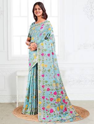 sky blue linen saree with woven multicolor leaf print 2