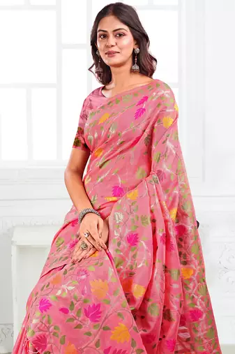 peach linen saree with woven multicolor leaf patterns
