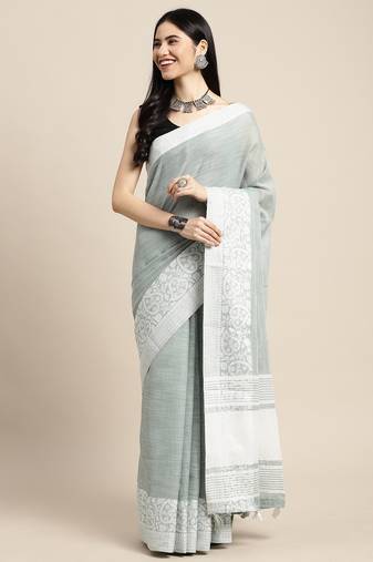 Sutriti women teal green & silver-toned woven design linen blend saree