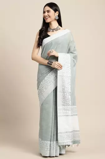 Sutriti women teal green & silver-toned woven design linen blend saree