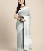 Sutriti women teal green & silver-toned woven design linen blend saree
