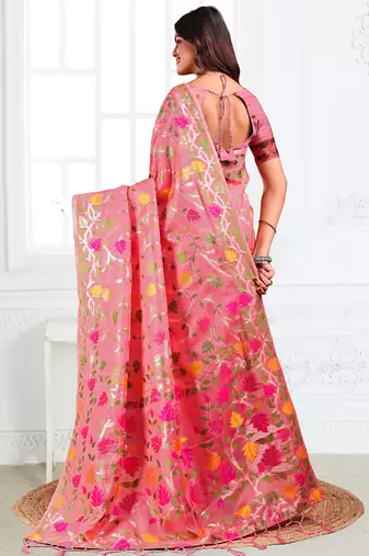 peach linen saree with woven multicolor leaf patterns