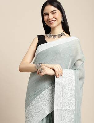 women teal green & silver-toned woven design linen blend saree 2