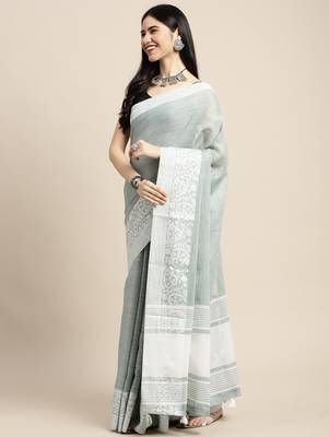 women teal green & silver-toned woven design linen blend saree 3
