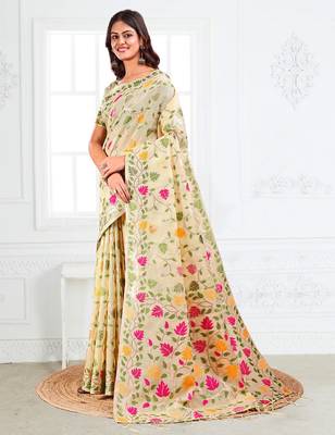 cream linen saree with multicolor woven leaf patterns 2