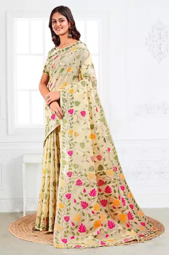 cream linen saree with multicolor woven leaf patterns