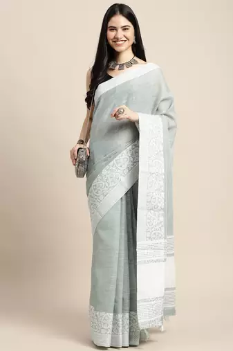 women teal green & silver-toned woven design linen blend saree