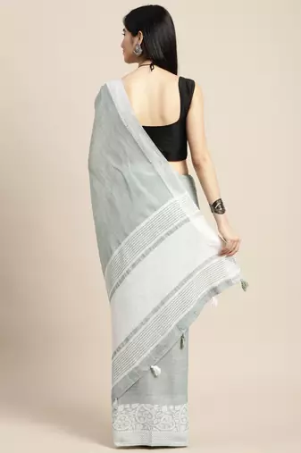 women teal green & silver-toned woven design linen blend saree