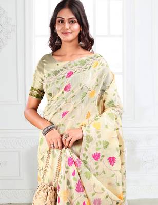 cream linen saree with multicolor woven leaf patterns 4