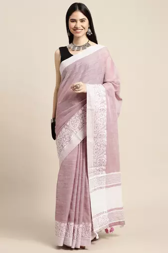 Sutriti women mauve purple & silver-toned woven design linen blend saree