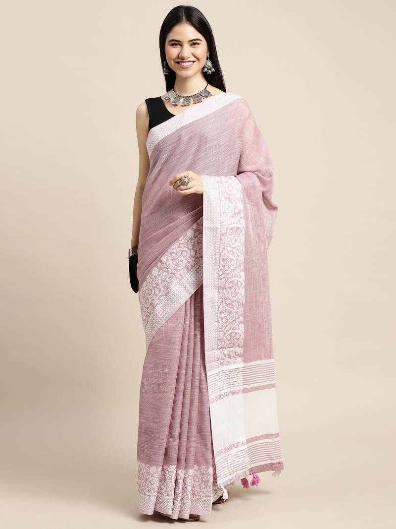 Sutriti women mauve purple & silver-toned woven design linen blend saree