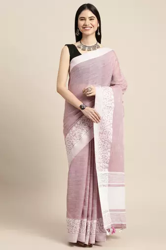 women mauve purple & silver-toned woven design linen blend saree