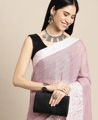 women mauve purple & silver-toned woven design linen blend saree 3