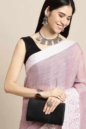 women mauve purple & silver-toned woven design linen blend saree