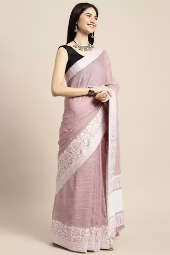 women mauve purple & silver-toned woven design linen blend saree