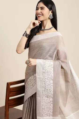 women beige & silver-toned woven design linen blend saree