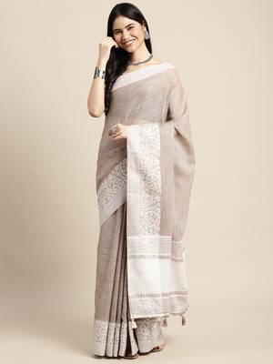 women beige & silver-toned woven design linen blend saree 3