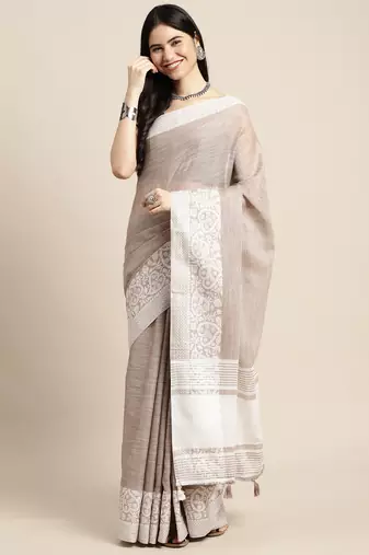 women beige & silver-toned woven design linen blend saree
